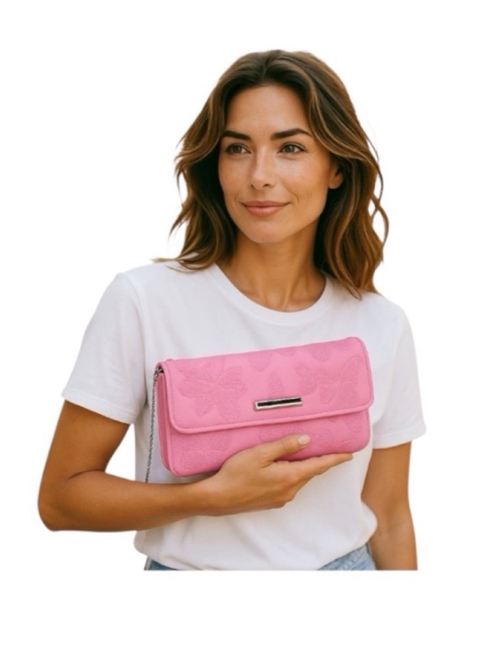 No Boundaries Pink Crossbody Embroidery Butterfly Wallet with Metallic Clasp